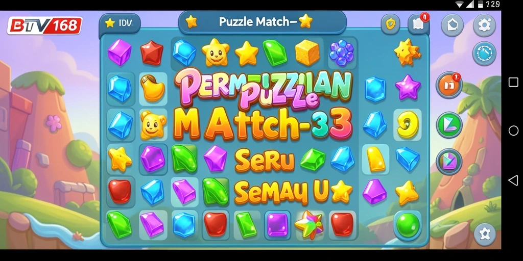Tampilan antarmuka menarik dan interaktif BTV168 dengan gameplay Puzzle Match-3.
