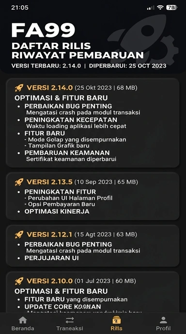 Tampilan riwayat versi fa99